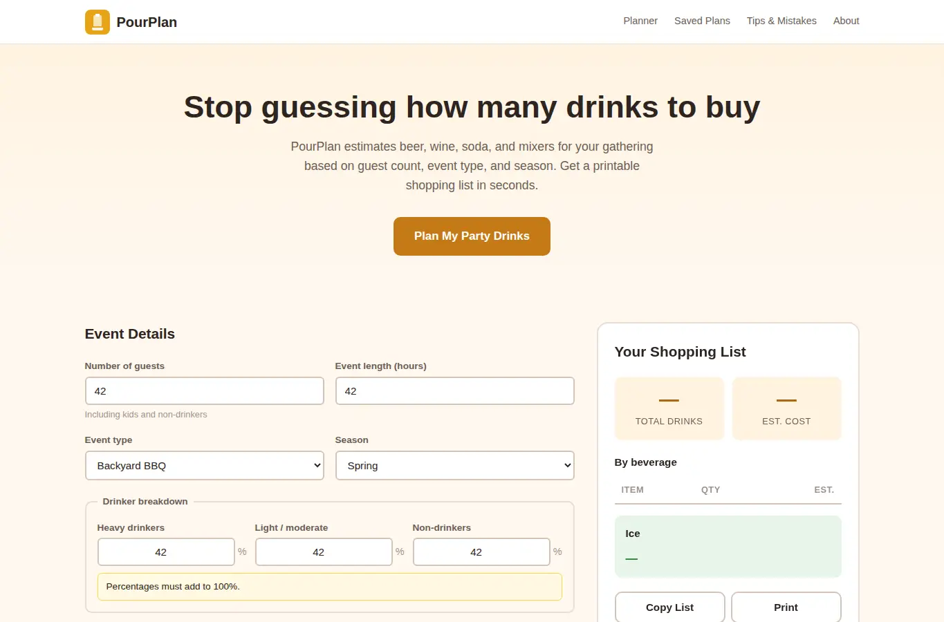 Screenshot of PourPlan: Party Beverage Quantity Planner interface showing the project page in use